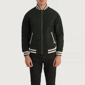 <b>Men's</b> Green <b>Suede</b> Bomber <b>Jacket</b> With White Stripe Trim Regular Fit Zipper Closure Casual Varsity <b>Jackets</b> - Product Image 4