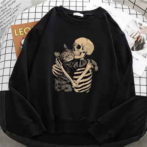 Sudaderas con Capucha para Mujer, Estilo Vintage, Profesional, de Alta Calidad, con Diseño Retro de Calavera y Gato, Sudadera Cálida de Forro Polar, Cuello Redondo Suave - Product Image 1