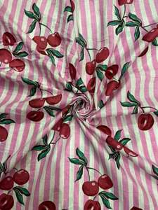 Tela de Algodón Cambray Ligera, Ecológica y Orgánica con Estampado Tradicional Jaipuri de Rayas y Cerezas para Niños, 60x60 cm - Product Image 4