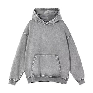 เสื้อฮู้ดดี้ฟอกสีสไตล์วินเทจสำหรับผู้ชาย สีน้ำเงิน ผ้าฝ้ายฟลีซหนานุ่ม ซักแบบ Mineral Wash เสื้อพูลโอเวอร์แนวสตรีทแวร์ เสื้อฮู้ดดี้แบบเรียบ - Product Image 4