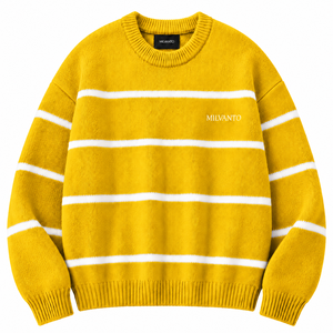 เสื้อสเวตเตอร์ถักลายทางผู้ชายสีเหลืองพร้อมโลโก้แบบกำหนดเอง ผลิตจากผ้าฝ้ายผสมอะคริลิก คอกลม แขนยาว พรีเมียม - Product Image 1