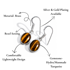 Boucles d'oreilles pendantes ovales en laiton avec œil de tigre naturel, plaquées argent, bijoux classiques pour femmes, fournisseur en gros, artisan - Product Image 2
