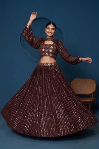 Burgundy Beaded Lehenga Set <b>Sequin</b> Embroidered <b>Crop</b> <b>Top</b> Pleated Skirt Indian Wedding Outfit - Product Image 4
