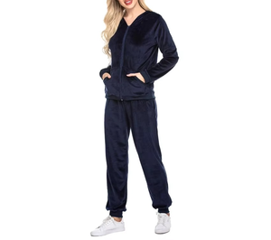 Customized Women Navy Blue <b>Velvet</b> Tracksuit Set Hooded Zip Up <b>Jacket</b> And Long Pants Fitness Tracksuit for Outdoor Activities - Product Image 1