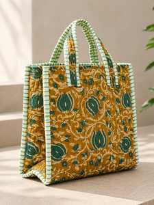 Sac fourre-tout en coton matelassé bohème avec motif floral vert, poignées rayées, fermeture éclair, toutes saisons, sac de plage pour femmes, sac de shopping - Product Image 3