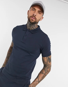 Men's Navy Blue Short Sleeve Polo Shirt Solid Color Cotton Casual Style Regular Fit Button <b>Down</b> Collar Design - Product Image 2