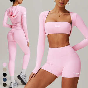 Ensemble de yoga rose uni pour femme, 2 pièces, sans couture, short taille haute, crop top à manches longues, froncé, pour l'entraînement - Product Image 1