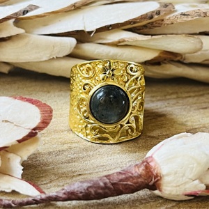 High Selling <b>Labradorite</b> Statement <b>Ring</b> Boho Filigree Floral Brass Jewelry For Women’s 18k Gold Plated Floral Band Wholesale - Product Image 1
