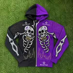 Sweat à capuche squelette noir et violet personnalisé pour homme, style gothique, broderie strass, fermeture éclair, streetwear tendance - Product Image 6