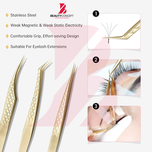 Pince à épiler de précision en acier inoxydable doré pour professionnels, pince à épiler courbée à 45 degrés pour volume - Product Image 5