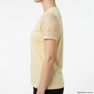 Customized <b>Top</b> Women's Cream Lace Sleeve Short Sleeve T-Shirt Crew Neck Casual Knitted <b>Top</b> Spring Summer Breathable Regular Fit - Product Image 3