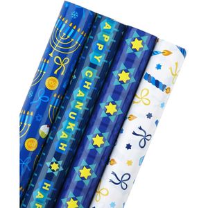 Set di Rotoli di Carta da Regalo per Hanukkah da 30 Pollici, Rotolo Jumbo con Design di Menorah, Stella di David e Candele per la Celebrazione della Chanukah, Confezione da 4 Rotoli - Product Image 1