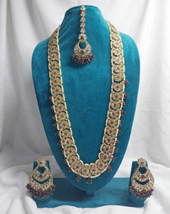 Luxurious Rani Haar Long Necklace <b>Set</b> Antique Gold Plated Imitation Pearl Borders Zircon Maroon <b>Beads</b> Ethnic Wedding Gift Party - Product Image 6