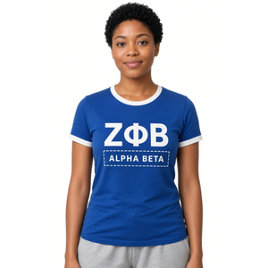 Zeta Phi Beta Ringer <b>T</b>-<b>Shirt</b> <b>Women</b> Royal Blue <b>White</b> Trim Greek Letter Alpha Beta Chapter Crew Neck Sorority Tee Short Sleeve - Product Image 1