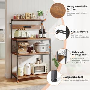 Support de micro-ondes pour bar à café de cuisine, organisateur de rangement à 4 niveaux avec prise de courant, 23,6 pouces, brun rustique, par BakerFT - Product Image 3
