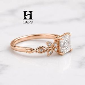 Anillo de Compromiso de Lujo con Diamante Cultivado en Laboratorio, Corte Asscher, Oro Rosa de 14K, Diseño de Rama de Olivo con Milgrain, Anillo Nupcial - Product Image 2