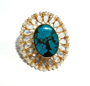 Natural Turquoise Gemstone Pearl Ring 925 Sterling Silver Plated Bohemian Style Oval Shape Handmade Vintage Jewelry <b>Women</b> - Product Image 4