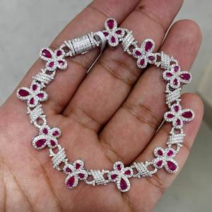 Moissanite Flower <b>Bracelet</b> Iced Out Link <b>Bangle</b> 925 Sterling <b>Silver</b> Pink Stone Tennis Jewelry for Women - Product Image 1