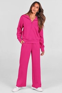 Unisex <b>Pink</b> Quarter Zip <b>Sweatshirt</b> Set Regular Sleeve Knitted Solid Color Loose Fit Casual Autumn Wear With Pocket - Product Image 4