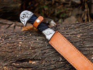 Couteau de chasse en acier Damas à lame droite, manche en cuir avec étui, épaisseur 0,7 mm, qualité DIY - Product Image 3