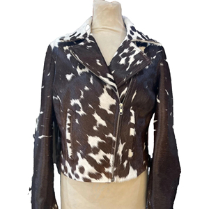 Women's Genuine <b>Cow</b> hair on Leather Moto Jacket Animal Print Zipper Closure Full Sleeve Short Length Stand Collar Autumn Style - Product Image 1