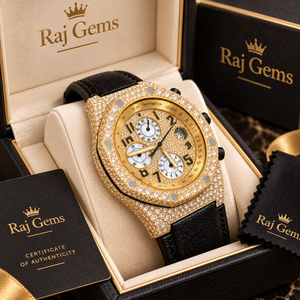 Montre chronographe tonneau pour homme en acier inoxydable Raj Gems avec incrustation de moissanite, bracelet en cuir, mouvement à quartz ETA, verre papillon 41 mm - Product Image 1
