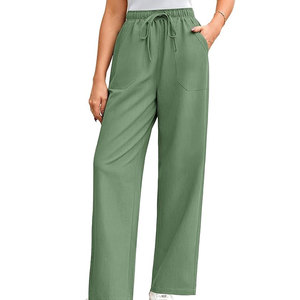 Women Mid Waist Wide Leg <b>Summer</b> <b>Trousers</b> <b>Lightweight</b> Breathable Casual Pants <b>Ladies</b> Loose Fit Linen Blend <b>Summer</b> Pants - Product Image 3