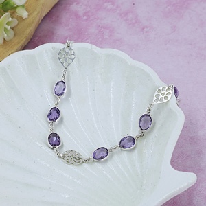<b>Amethyst</b> Gemstone Designer 925 Sterling Silver Link <b>Bracelet</b> for Women Oval Cut Purple Crystal Floral Charm <b>Bracelet</b> - Product Image 2