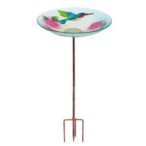 Bain d'oiseaux solaire en verre avec motif paon et plumes colorées, éclairé, pour jardin extérieur, mangeoire pour oiseaux sauvages, bol décoratif paysager - Product Image 1