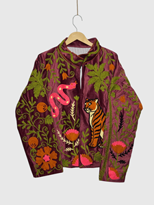 Chaqueta Safari de Terciopelo Bordada con Cuello Mao, Manga Larga, Estampado Animal, Talla Grande, Estilo Otoñal para Mujer - Product Image 1