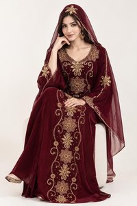 Vestido Abaya Kaftan Azul Marino Bordado de Az Creation, Manga Ancha, Tela de Seda con Flores, Modelo AFA01 - Product Image 5