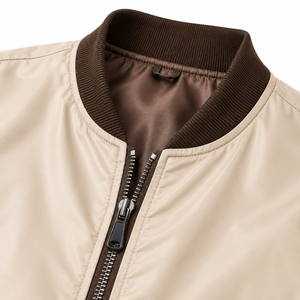 Men's Beige Bomber Jacket Solid Color <b>Covered</b> <b>Button</b> Closure Contrast Ribbed Collar Sleeve Casual Outerwear Winter Front - Product Image 6