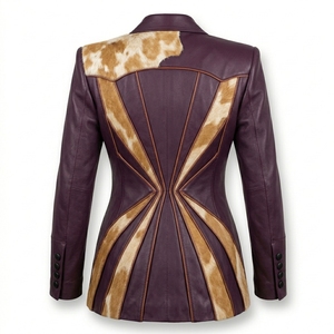 Purple Genuine <b>Leather</b> Cowhide Fur Blazer Jacket <b>Womens</b> Western Hair On Hide Tailored Coat Manufacturer <b>Top</b> Supplier - Product Image 2