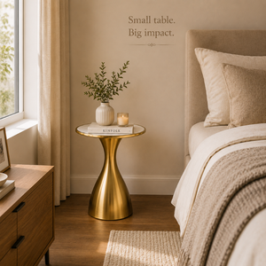 Modern <b>Round</b> Pedestal Side <b>Table</b> with Elegant Gold Finish |Minimalist Accent End <b>Table</b> with Sculpted Curved Base for Living Room - Product Image 2