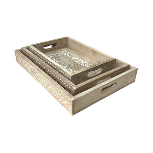 Juego de 3 bandejas rectangulares para servir alimentos, hechas a mano en India, de madera de mango, diseño elegante, alta calidad, para uso doméstico y hotelero. - Product Image 1