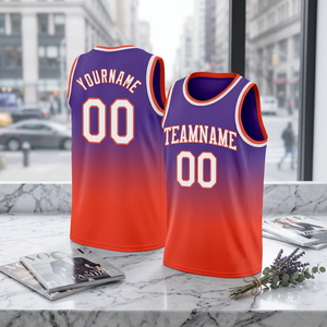 Camiseta de Baloncesto Sublimada Personalizada, Degradado Morado y Naranja, Sin Mangas, Unisex, para Adultos, Transpirable, de Malla, con Nombre del Equipo - Product Image 3