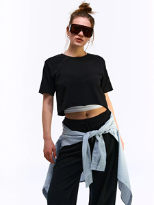 Women's Black <b>Cropped</b> T-Shirt Crew Neck Short Sleeve Loose Fit Solid Color Casual Jersey 100% Cotton Spring Summer Wear - Product Image 2