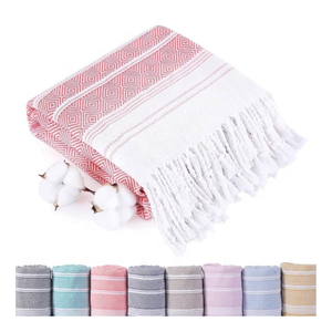 Toallas de playa de algodón 100% con borde de borla a rayas 70x140cm 450GSM GOTS Certificado de secado rápido duradero resistente a la arena para fiestas en la piscina - Product Image 1