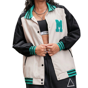 Veste universitaire pour femme à col rabattu et manches longues avec bordure contrastée – Couleur noir et vert sarcelle |   Service OEM et ODM de la plus haute qualité - Product Image 1