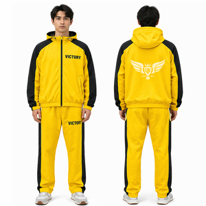 Ensemble de survêtement personnalisé pour homme jaune et noir, vêtements de sport avec logo personnalisé, veste à capuche, pantalon de jogging, tenue de sport pour la course à pied, vente en gros - Product Image 1