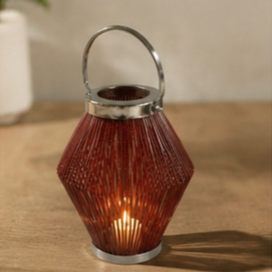 <b>Tapered</b> Red Bamboo Lantern <b>Candle</b> Holder with Metal Handle for Home Decoration - Product Image 5