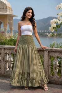 Vestido de gala bohemio para mujer, verde oliva, a rayas, con cintura natural, fruncido, hecho a mano, estampado a mano, largo hasta el suelo, de algodón, con vuelo escalonado - Product Image 3