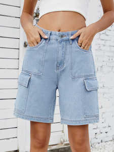 High Rise Light Blue Denim Cargo Shorts With Multiple Pockets Casual Style Breathable Woven Fabric Button Fly Design - Product Image 3