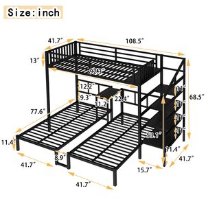 Letto a Castello Triplo in Metallo con Scrivania e Mensole Salvaspazio per 3 Persone, Dimensioni Twin XL - Product Image 4