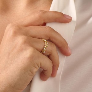 แหวนเพชรทรงใบไม้ดีไซน์ธรรมชาติ เพชรเพาะเลี้ยง 10K 14K 18K ทองคำแท้ แหวนลายดอกไม้แบบซ้อนได้ แหวนแต่งงานลายพฤกษศาสตร์ - Product Image 6