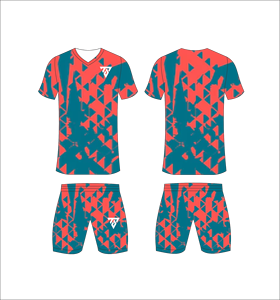 Custom sublimated <b>soccer</b> uniform set for men with teal and coral geometric triangle pattern print jersey and matching shorts - Product Image 1