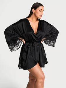 Women's <b>Black</b> Satin <b>Wrap</b> Robe Full Sleeve V-Neck Short Dress Elegant Sleepwear - Product Image 1