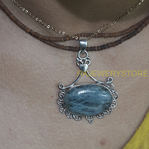 Colgante de Aguamarina Hecho a Mano, Plata de Ley 925, Filigrana Vintage, Gema Ovalada, Collar, Amuleto, Joyería, Regalo para Mujer, Unisex - Product Image 2