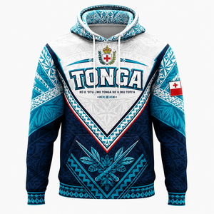 Sweat à capuche unisexe de l'équipe nationale des Tonga, impression par sublimation, avec patch du drapeau et motif tribal, bleu, blanc, rouge - Product Image 1