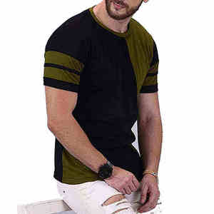 Camiseta de Verano Casual de Algodón para Hombre, Cuello Redondo, Manga Corta, con Paneles de Color Verde Oliva y Negro, Rayas en las Mangas, con Logotipo Personalizado - Product Image 5